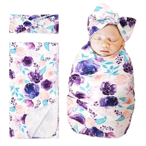 Newborn Baby Swaddle Blanket Beanie hat and headband set - Picture 7 of 10